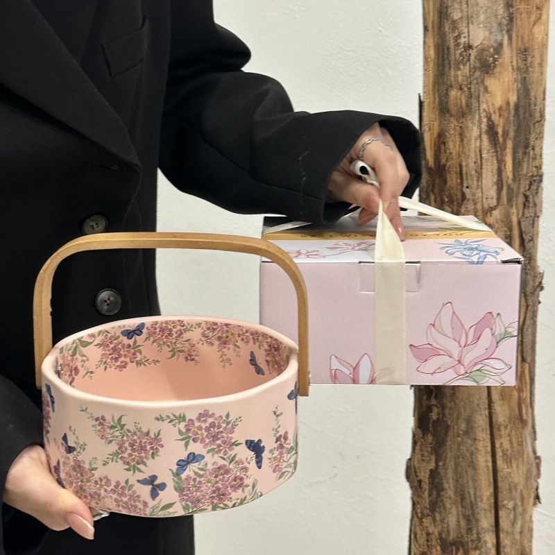 レトロ紫薇花陶磁器果青家庭用リビングドライ果キャンディー菓子盤手提げ果物青お土産礼箱|undefined
