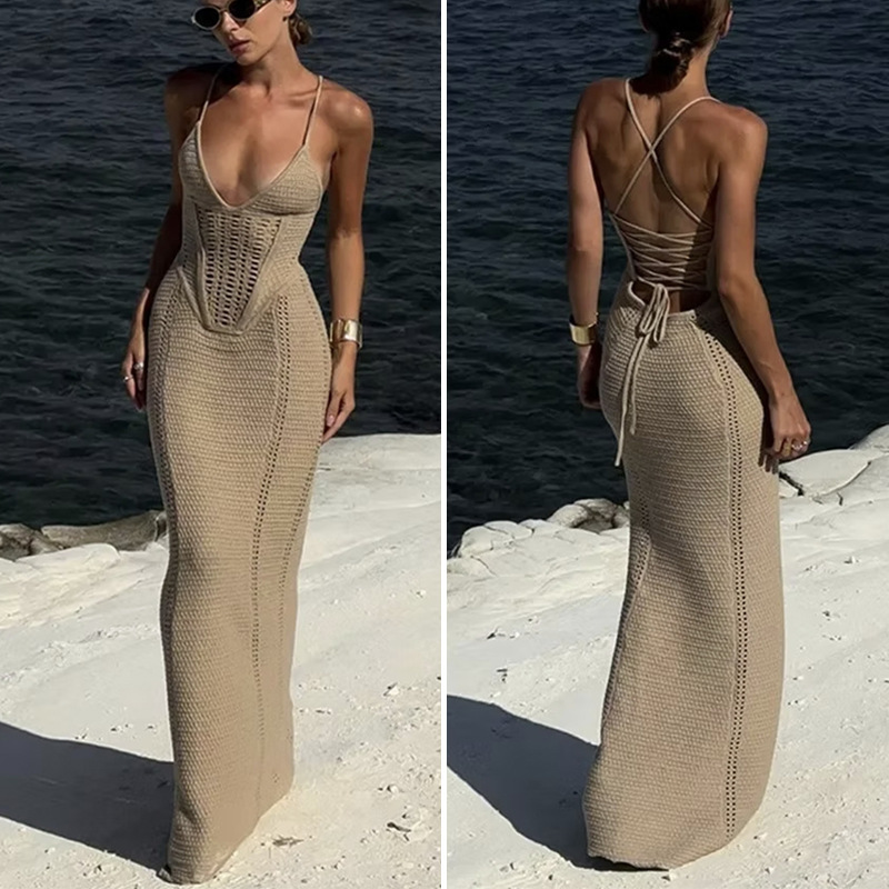 Cross-Border New Beach Skirt Sexy V Neck Suspender Hip Skirt Backless Cut Out Strap Seaside Knitted Dress