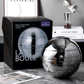 跨境304不锈钢球形套装碗盘七件套艺术球体摆件亮光双层防烫碗盘