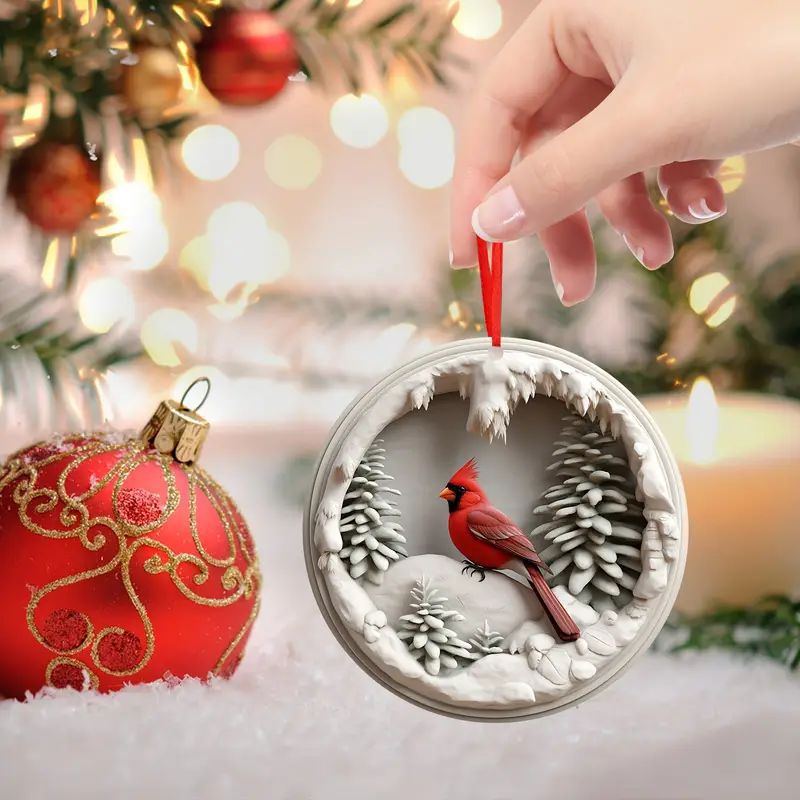 Colgante acrílico plano colgante decoración del árbol de Navidad listado disco pájaro rojo