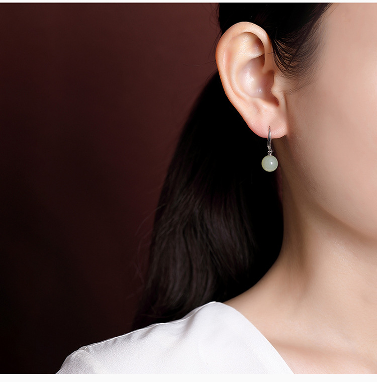 Bông tai bạc S925 mạ vàng đính ngọc Hetian phong cách cổ điển hạt tròn hình học — Kiểu màu bạc chi tiết 8