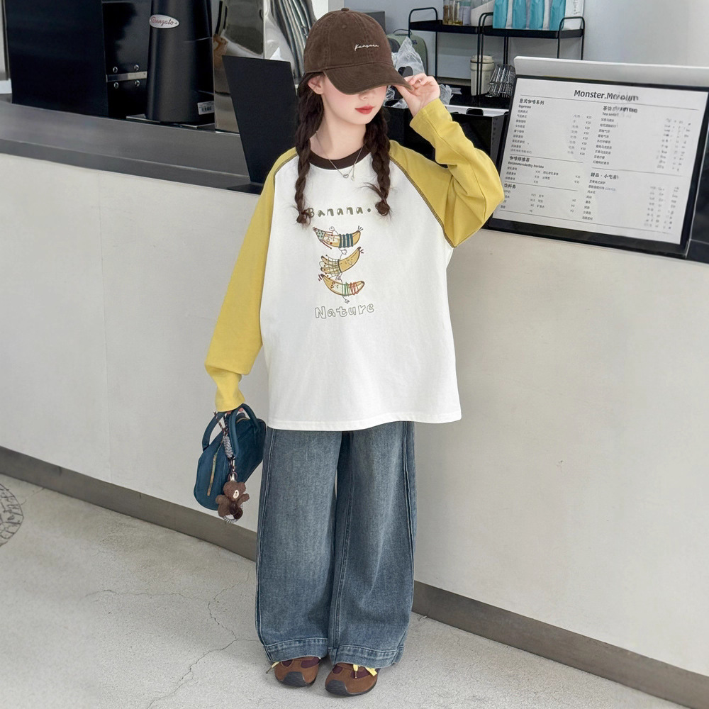 波拉韩女童长袖T恤2025秋季儿童宽松插肩袖上衣新款小女孩打底衫