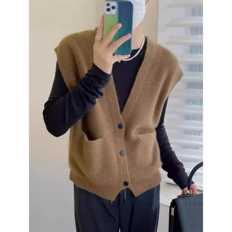 Retro Layered V Neck Vest Slimming Look Knitted Vest Cardigan Women's Sleeveless Korean Style Large Size Loose Waistcoat Trendy Gray