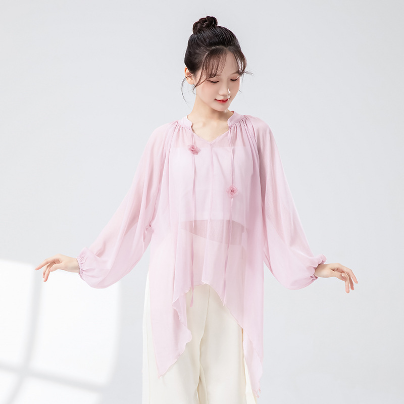 女性用クラシックダンス服、春夏新作、エレガントなガーゼ服、中国舞踊練習服、モダンダンスゆったりトレーニング服|undefined