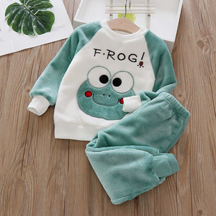 Baby Flannel Home Clothes Set Infant Children's Clothing Children's Pajamas for Boys and Girls Thickened Coral Fleece Two-piece Set