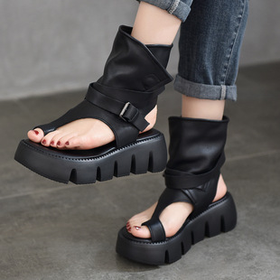 Roman Shoes Open-Toe Thick-Soled Sandals 2025 Summer New Belt Buckle Back Hollow Casual Slip-On High-Top Sandals Genuine Leather