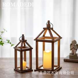 亚马逊木质灯笼烛台 家居装饰蜡烛台 木质带提手装饰摆件