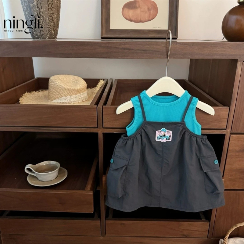 【Ningli】Dopamine! Original Summer Girls' Blue Vest and Workwear Suspender Skirt Stylish Trendy Outfit Set