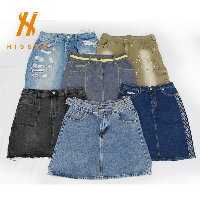 外贸出口二手衣服超优质女士牛仔半身裙used c-ream denim skirts