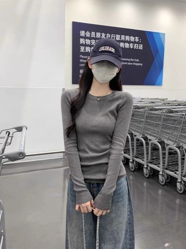 Zhao Lusi Thick Gray Spring Knit Crew Neck Sweater Inner Top Slimming and Fashionable Universal Women's Top