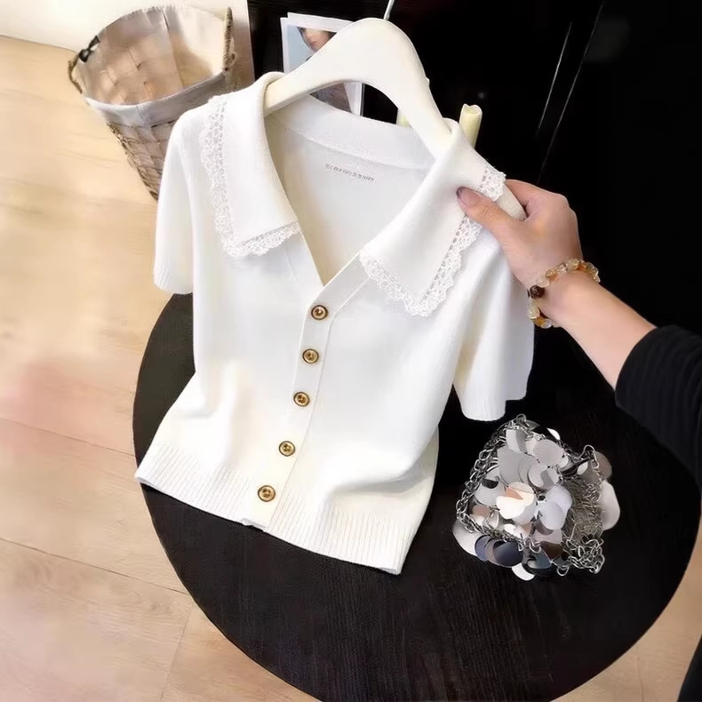 Brother's Boutique Quality Summer New Stylish Lace-Trimmed Knit Top with a High-End Feel, Short-Sleeve Shirt for Women Brother's Boutique Quality Summer New Stylish Lace-Trimmed Knit Top with a High-End Feel, Short-Sleeve Shirt for Women