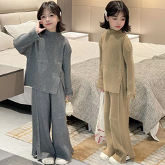 女の子セーターセット2025秋冬レイジースタイル子供用デザインニットトップスとスリットフレアパンツの2点セット