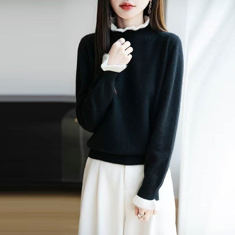 法式木耳花边领100%纯羊毛针织衫女2025秋冬新款拼色洋气保暖内搭|undefined