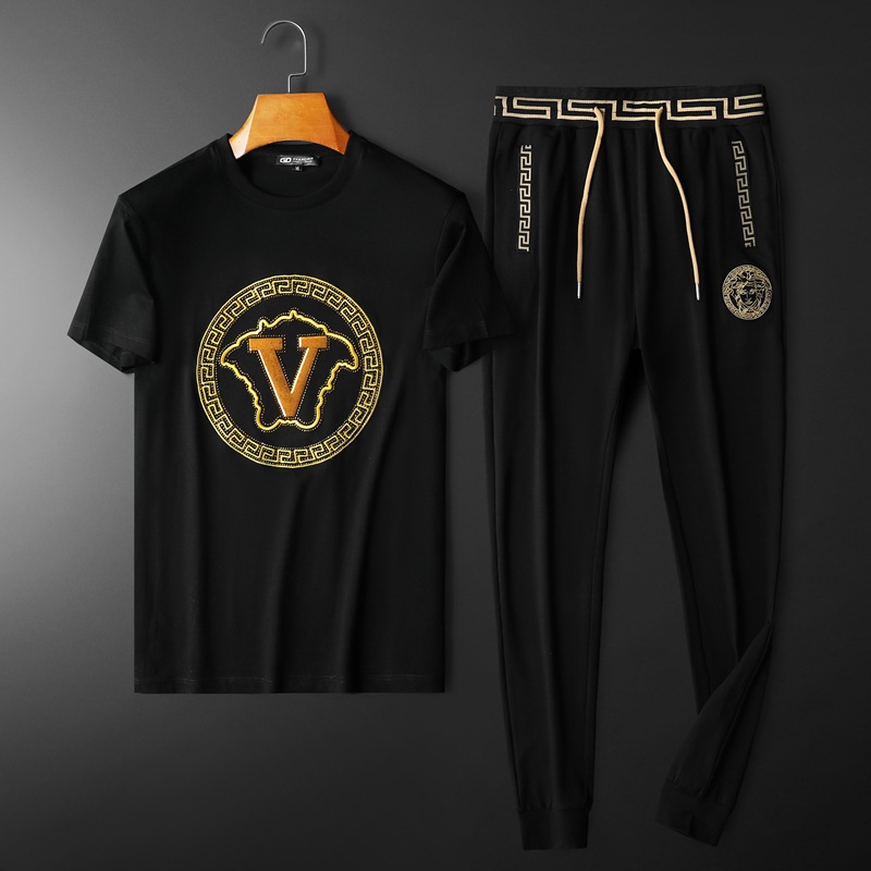 2021夏季新款男士美杜莎潮牌刺绣套装大码丝光棉修身运动两件套男