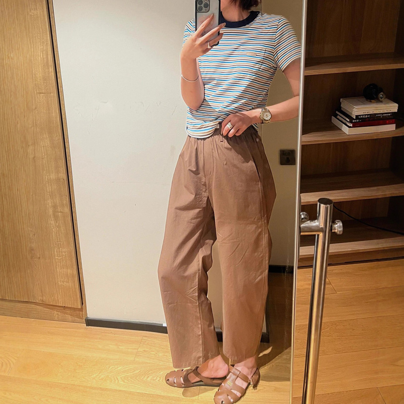 [in Stock] Pra Triangle Letter Embroidery Striped Round Neck Short Sleeve Age-Reducing Versatile Slimming T-Shirt Top