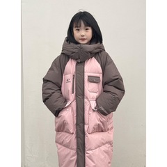 2025新款女童长款过膝羽绒棉服中大童拼色洋气休闲棉袄加厚棉衣潮