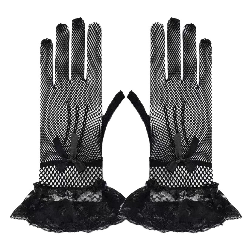 Nupcial dedo completo pesca neto encaje guantes vestido de boda etiqueta rendimiento sexy arco malla guantes