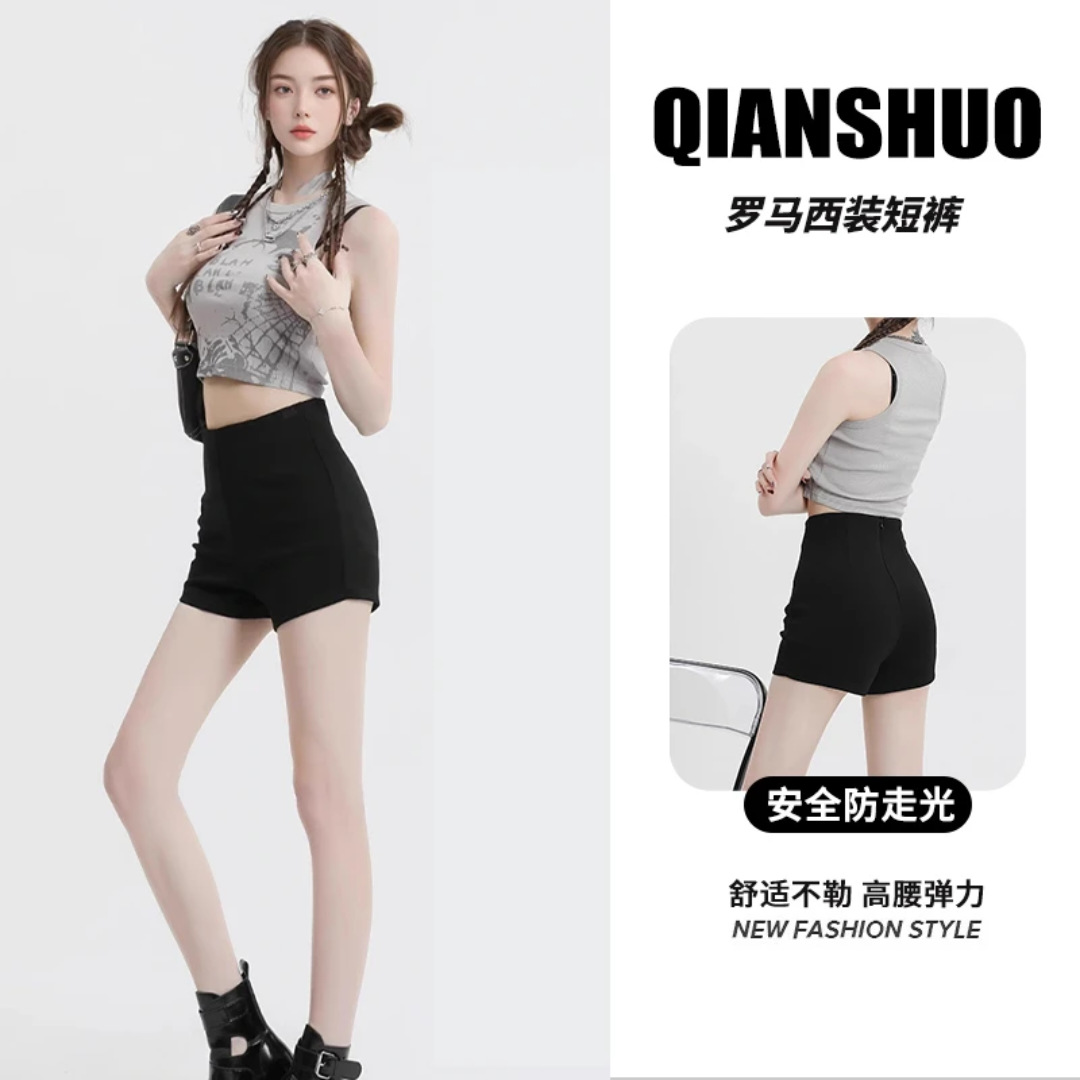 Pantalones cortos para mujeres, pantalones cortos romanos clásicos de verano, pantalones cortos de traje delgado de cintura alta casual negro, chicas calientes