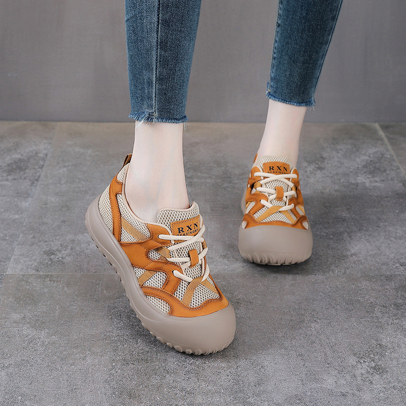 Giày sneaker nữ lưới thoáng khí đế mềm dây buộc da thật — màu be