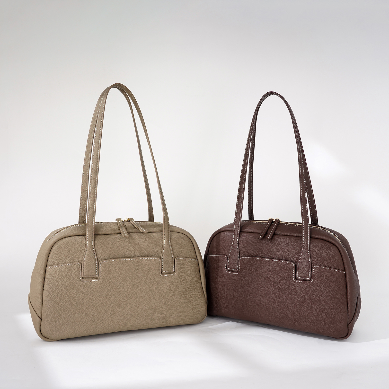 Autumn/Winter Niche Genuine Leather Large Capacity Tote Bag For Women, Fashion Commuter Bowling Bag, Handheld Shoulder Boston Bag - Thumbnail 3