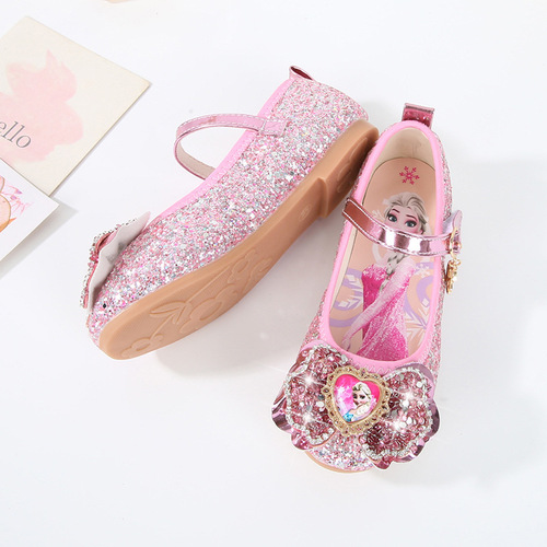 Frozen Girls Princess Shoes  New Sequin Bow Elsa Princess Women's Shoes Buckle Flat Shoes Trendy