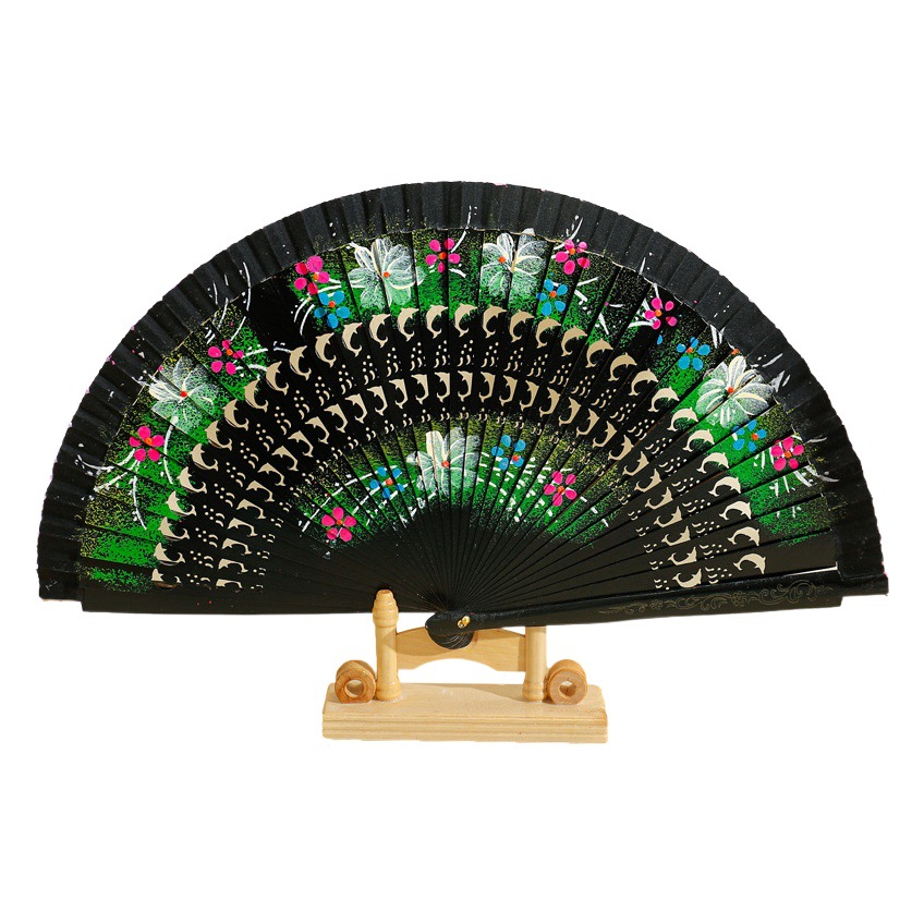 Abanico plegable español de madera pintado por ambos lados, apertura y cierre suaves, abanico plegable hueco clásico para danza cheongsam de Anita