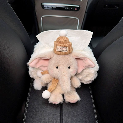 Tissue Box, High-End Creative Elephant: Car tissue box/set - l-coffee-hat-coffee-scarf-gray-elephant-armrest-white-velvet-bag