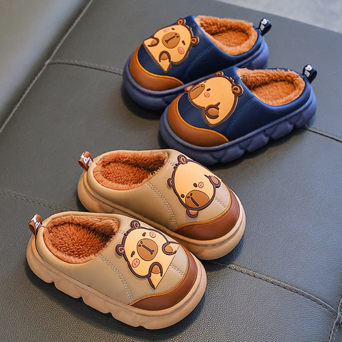 Kapibala winter children's cotton slippers for boys, warm thick sole, PU leather, waterproof, middle-aged children, baby bag and heel cotton shoes