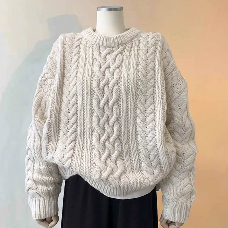 Вязаный свитер с узором "твист" для женщин, осень-зима 2024, дизайнерский, плотный, крупной вязки, свободный, в стиле "ленивый топ"