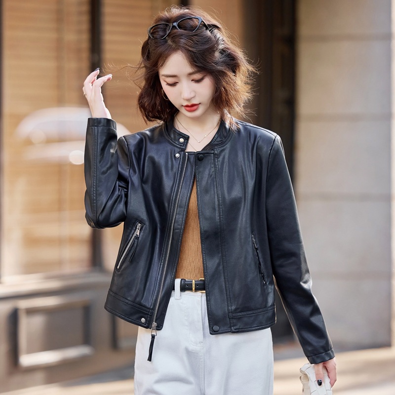 Haining Leather Jacket for Women 2026 New Spring and Autumn Season Sheepskin Stand Collar Motorcycle Short Leather Jacket Women's Coat