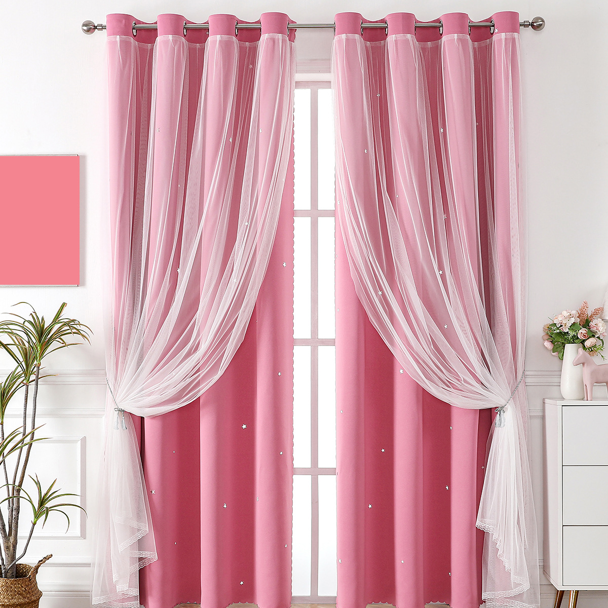 跨境亚马逊专供蕾丝双层带纱镂空星星成品遮光窗帘批发curtains