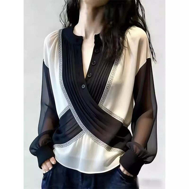 Korean-Style Unique Niche Design Black and White Contrasting Color Cross Mesh Patchwork Shirt for Women 2026 Summer New Style Elegant Top