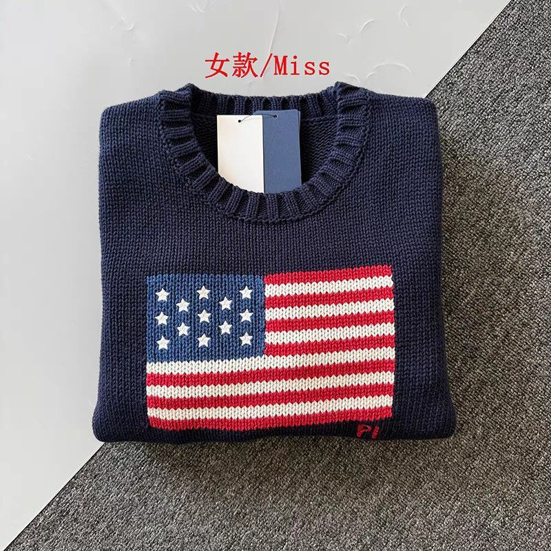 Polo Ralph Lauren Iconic American Flag Crewneck Sweater Cotton Hunter Navy