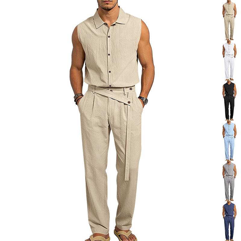 Men's Linen Blend Short Sleeve Shirt And Pants Set Breathable Casual Summer Outfit Comfortable Relaxed Fit_viptrois.com
