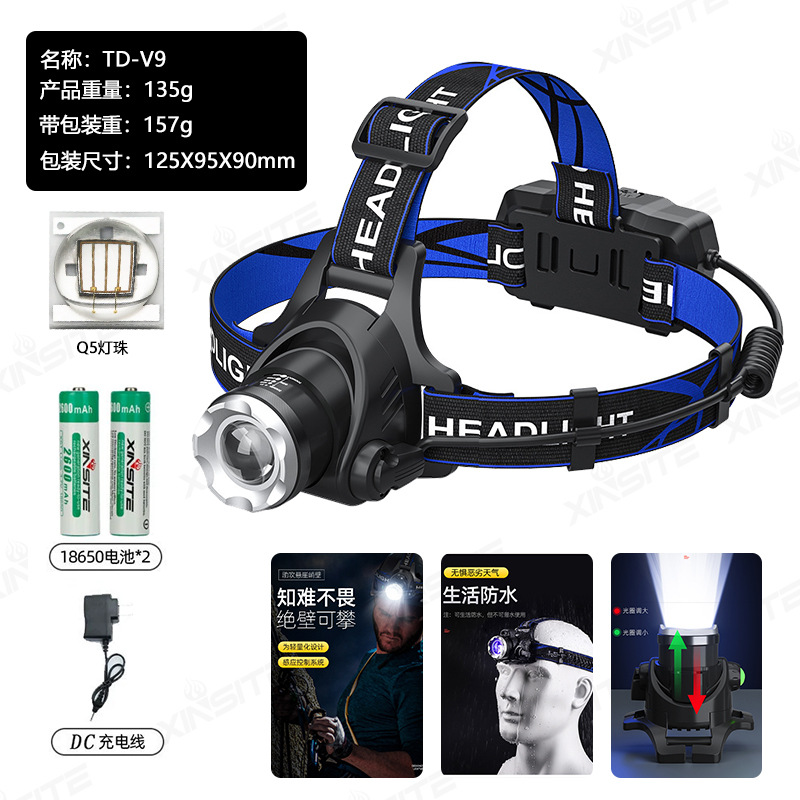 Faro de inducción LED transfronterizo P50 luz fuerte noche lámpara de pesca cabeza desgaste inducción pesca faro lámpara de minero al aire libre lámpara de pesca nocturna