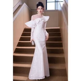 Evening Dress for Women, Banquet Style, Light Luxury, Niche, High-End, Sophisticated, Long-Sleeve Mermaid, Elegant and Grand for Party Hosts