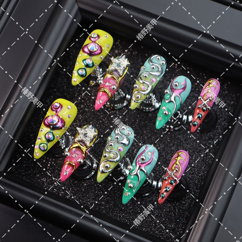 Y2K Millennium Hot Girl Nail Art Dopamine Sweet Cool Long Pointed 3D Metal Rhinestone Decorations Removable Nail Stickers Y2K Millennium Hot Girl Nail Art Dopamine Sweet Cool Long Pointed 3D Metal Rhinestone Decorations Removable Nail Stickers