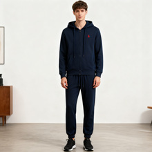 跨境新款拉链连帽运动休闲卫衣运动裤套装男士春秋全棉刺绣两件套