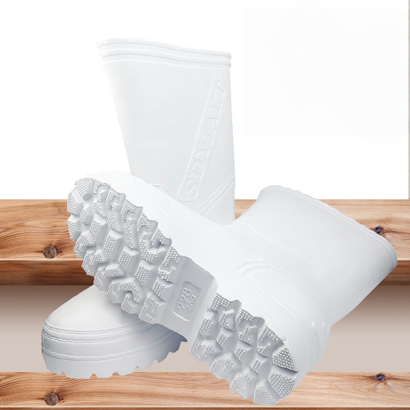 白色时尚中筒橡胶雨鞋防滑防水靴加厚耐磨透气 劳保工地胶鞋雨靴