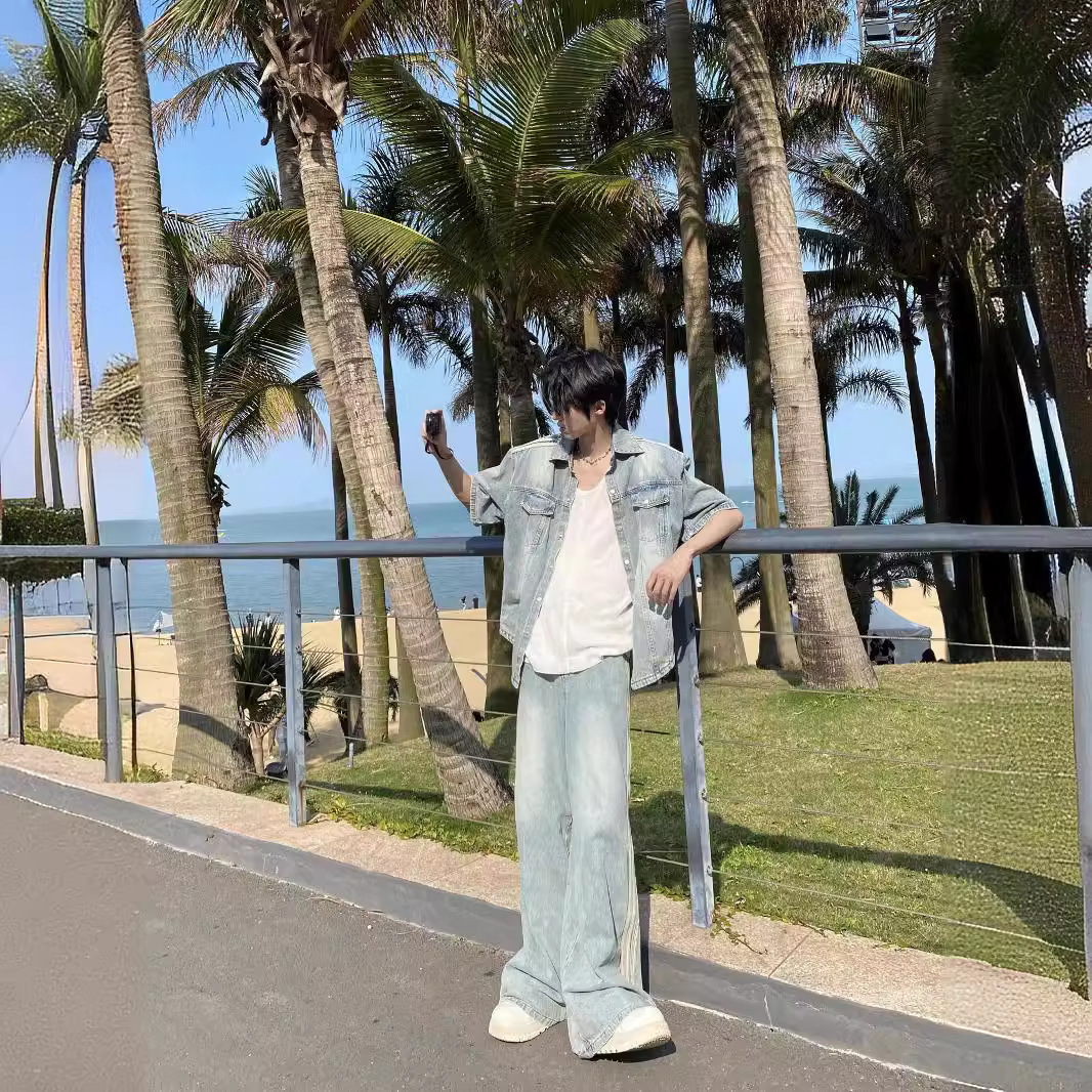 Korean-style Niche Vintage Shoulder Pad Denim Short-sleeved Shirt suit Spring and Summer Bar Design Wash Jeans Couple