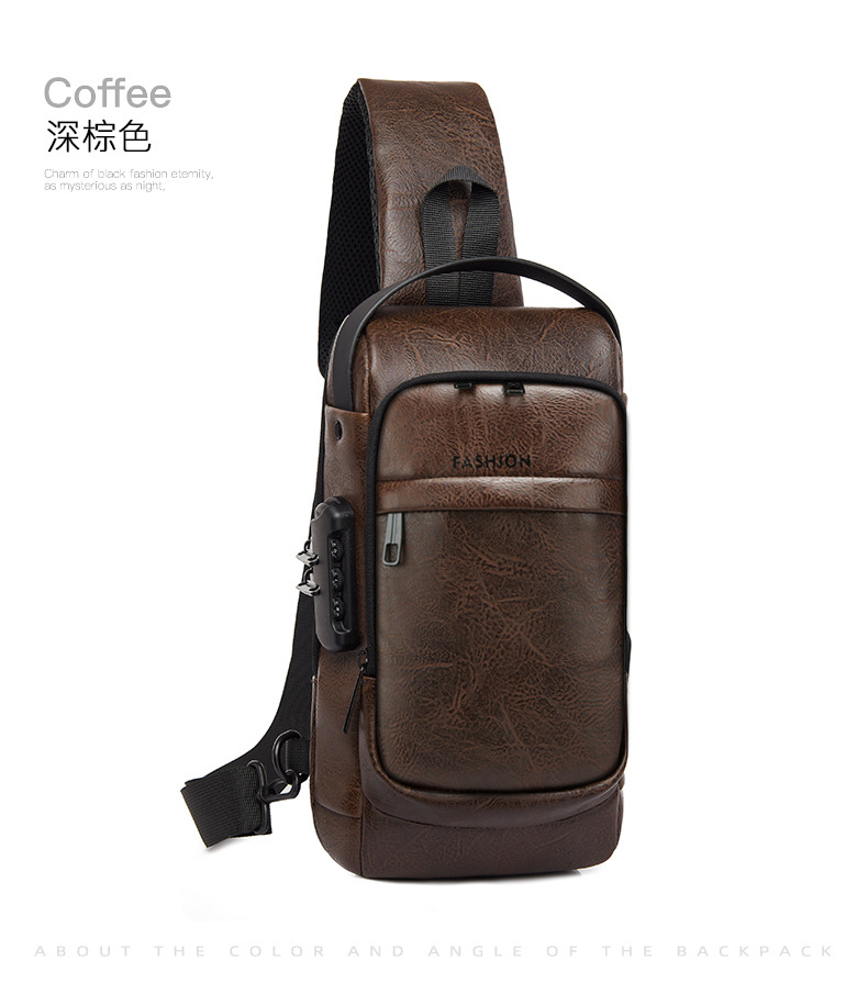 New men's chest bag, leather bag, crossbody bag, shoulder bag, sports mini backpack, multi-functional men's bag, combination lock, cross-border undefined