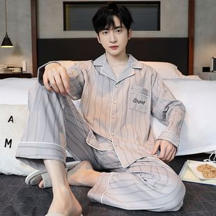 Pure Cotton Pajamas Men's Spring and Autumn Cardigan Long-sleeved New Looser Fashionable Autumn and Winter Home Clothes for Outer Wear