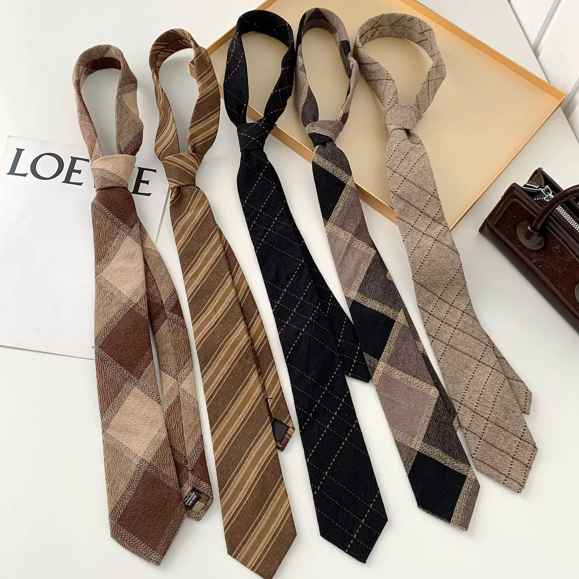 尖角丝巾长条咖色复古休闲格纹英伦日系小众领带领巾多功能系腰带