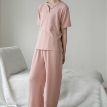 缪粉针织V领短袖长裤套装简约休闲丝绵羊毛家居服睡衣两件套