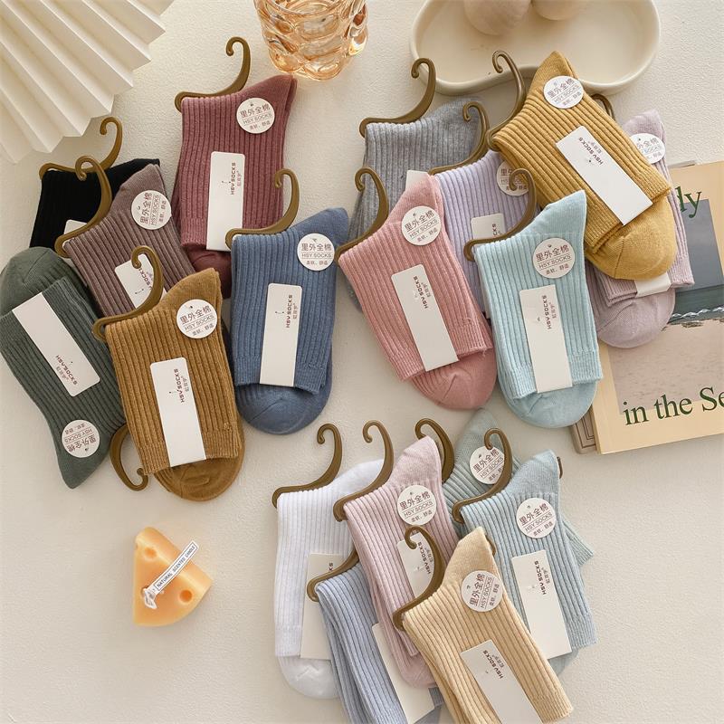 Spring and Summer Women's All-Cotton Casual Double-Needle Mid-Calf Socks, Solid Color Thick Socks, Wholesale from Zhuji Manufacturer