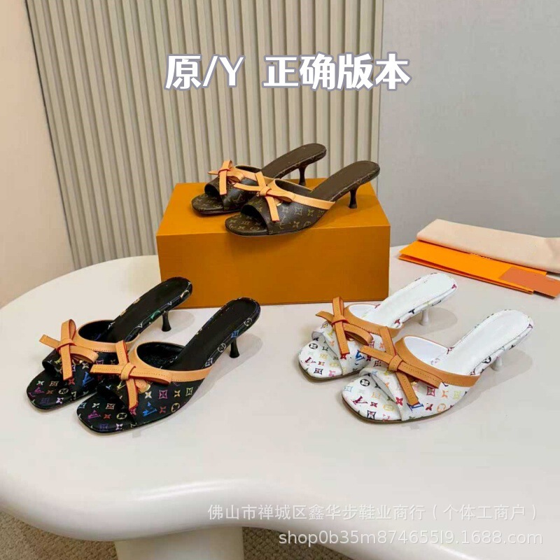 Lujia 2026 Summer New Colorful Letter Print Bow Slippers for Women, Sexy Mid-Heel Open-Toe Sandals