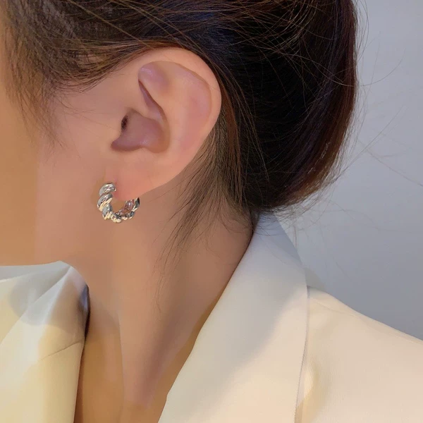Metal glossy platinum earrings with pigtail