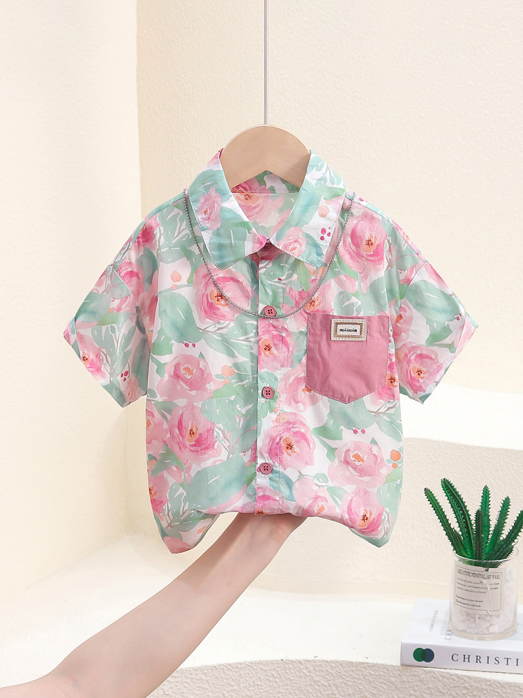 7848 Camisa de manga corta para niños 2024 nuevos tops de calle fritos guapos para niños ropa de verano para bebés camisa de flores para niños marea