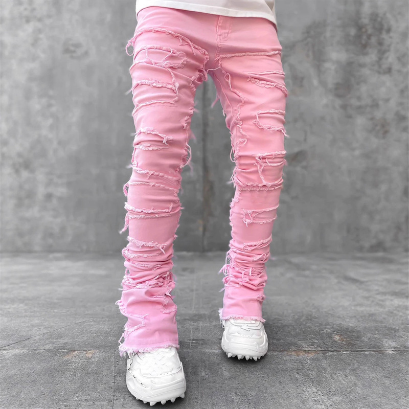 Cross-Border Amazon Men's Jeans Versatile Straight-Leg Pants European and American Street Fashion Ins Slim Fit Stretch Patch Pants