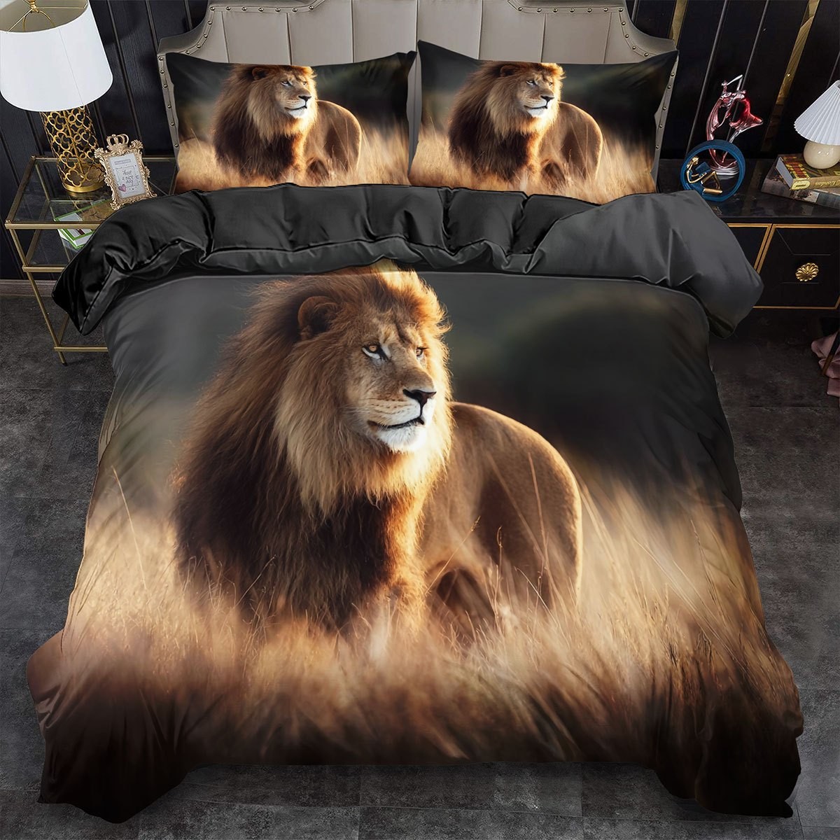 TEMU / JIT abrasión digital impresión cama colcha de cama pro-piel kit textil casero frío negro patrón de león fábrica fuente